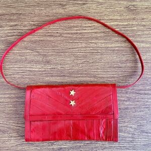 Vintage 80s Red Eel Leather Skin‎ Purse Clutch Crossbody Glamour Retro w/Stars